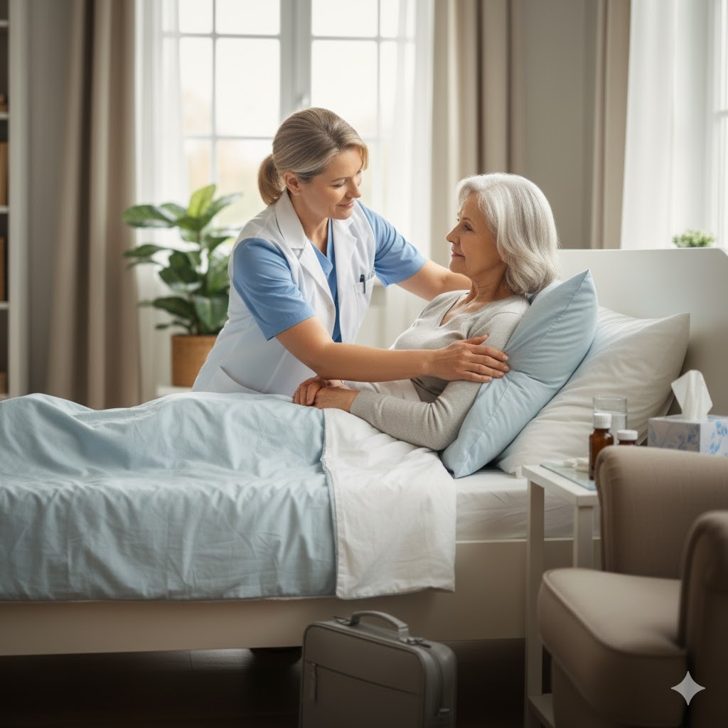 Thuisverpleegkundige die een patiënt geruststelt